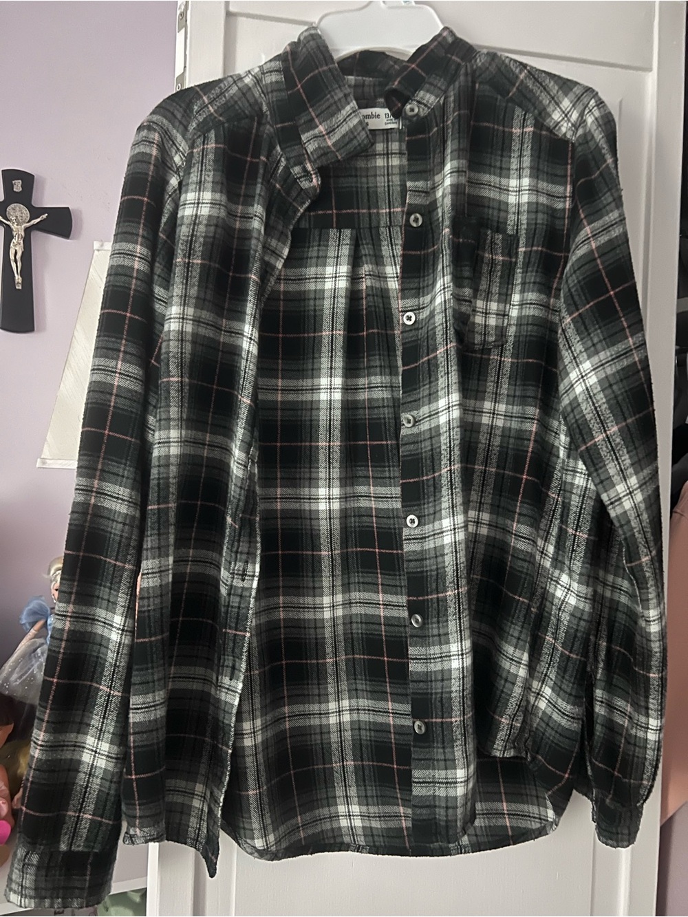 abercrombie kids Black and White Plaid Button-Down Shirt with Subtle Pink Lines